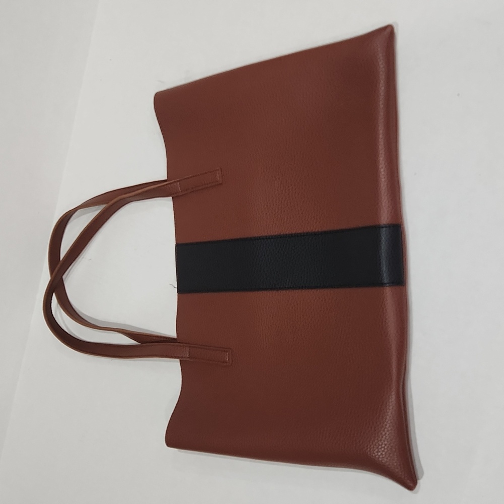 Vince Camuto Luck Brown/Black Stripe Pebbled Lthr 2 Handles Open Tote Laptop Bag